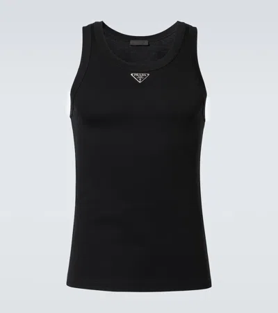 Prada Logo Cotton Tank Top In Black