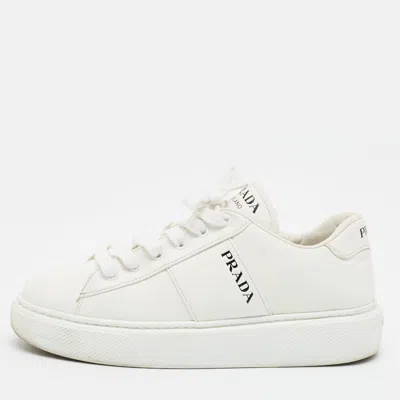 Pre-owned Prada Logo Court Size 38 White Leather Lace Up Sneakers