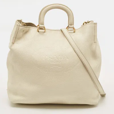 Pre-owned Prada Logo Cream Grained Leather Tote In White
