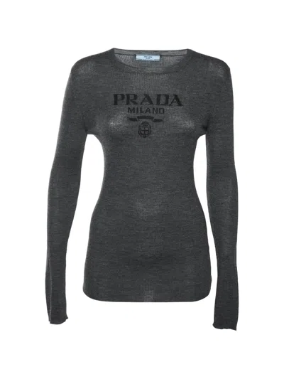 Pre-owned Prada Logo Crew Neck Knit In Grey