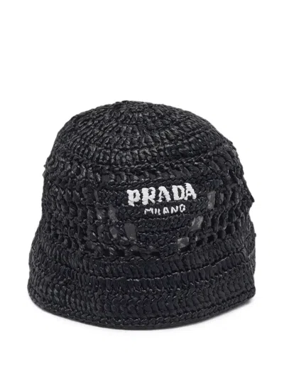 Pre-owned Prada Logo Crochet Bucket Hat In Black