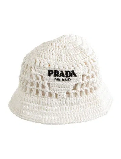 Pre-owned Prada Logo Crochet Bucket Hat In White