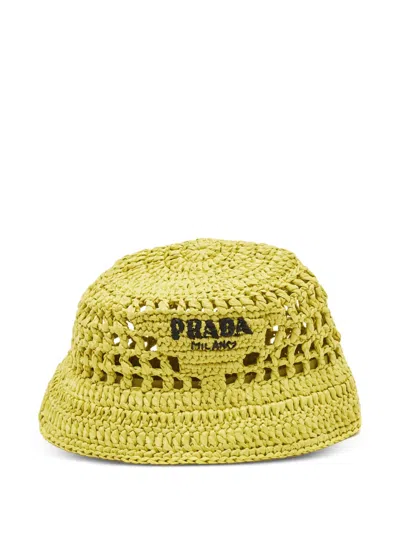 Pre-owned Prada Logo Crochet Bucket Hat In Yellow