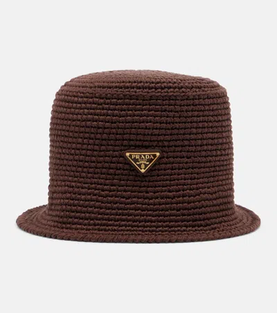 Prada Logo Crochet Cotton Bucket Hat In Brown
