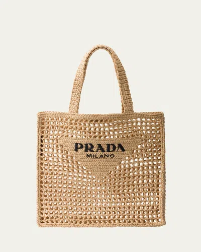 Prada Logo Crochet Tote Bag In Natural