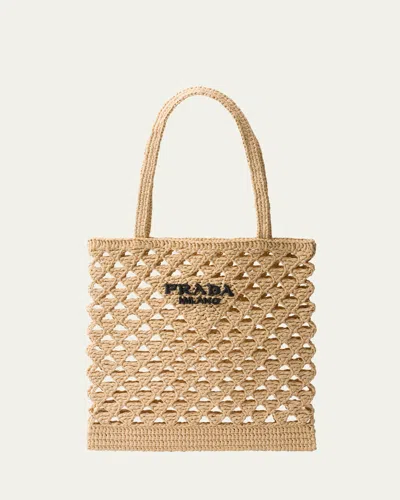 Prada Crochet Logo Shopping Bag Tote Bag Beige In Neutral