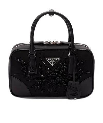 Prada Embroidered Detailing Mini Bag In Black