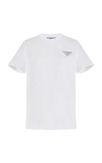 Prada Logo-crystal Cotton T-shirt In White