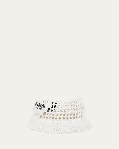 Prada Logo Cutout Raffia Bucket Hat In F0009 Bianco