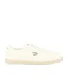 Prada Mens White Triangle-plaque Vintage-effect Leather Low-top Trainers In Nude