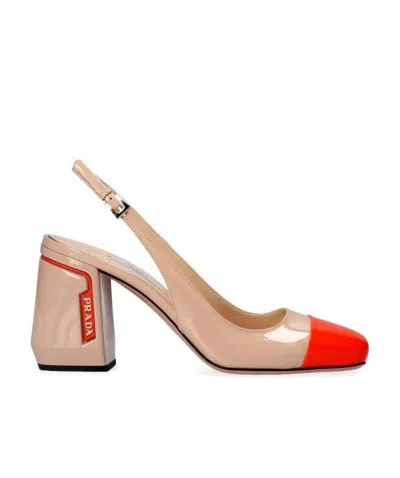Prada Logo Decorated Patent Leather High Heels In Nude
