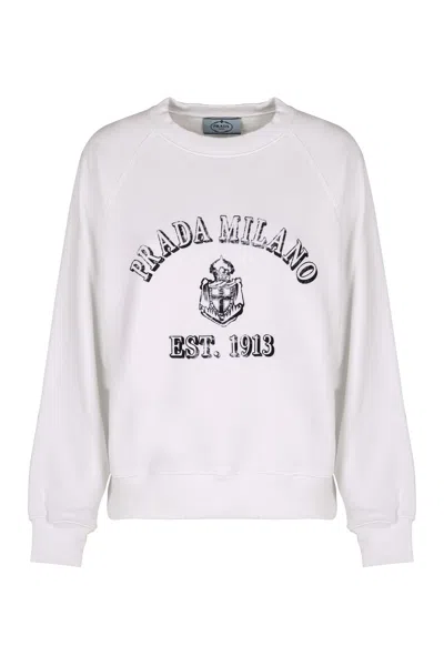 Prada Logo Detail Cotton Sweatshirt For Women In White