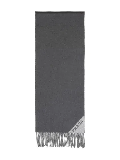 Prada Logo-detail Fringed Scarf In Gray