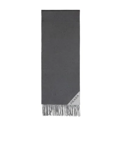 Prada Logo-detail Fringed Scarf In Gray