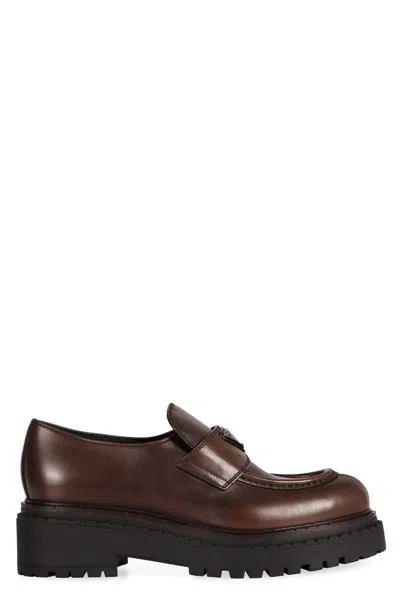 Prada Chocolate Cognac Brushed Leather Moccasin Women In Brown