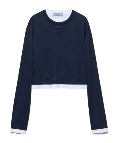 Prada Long-sleeved Jersey T-shirt In Navy