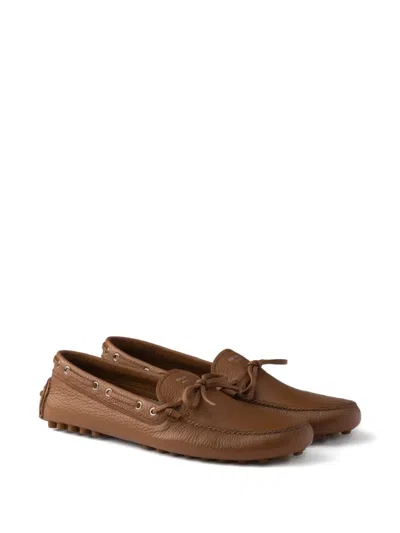 Prada Logo-detail Tie Boat Shoes In Brown