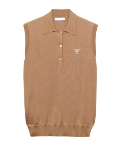 Prada Logo Details Knitted Vest In Brown