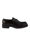 Prada Triangle Logo Chocolate Brushed Leather Loafers In Ochre