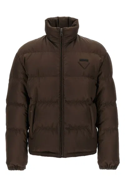 Prada Logo Down Jacket In Brown