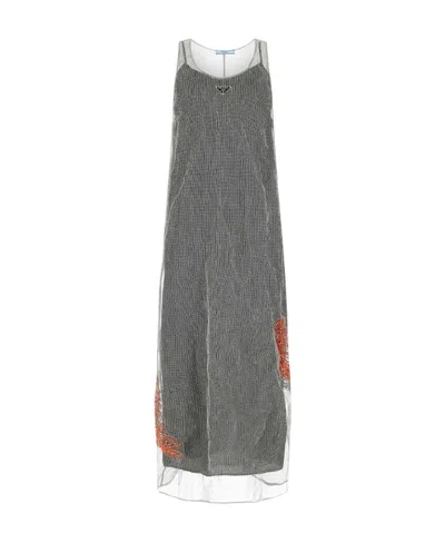 PRADA PRADA LOGO PLAQUE MESH MAXI DRESS