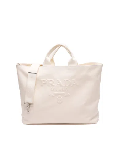 Pre-owned Prada Logo Drill Tote Bag In White