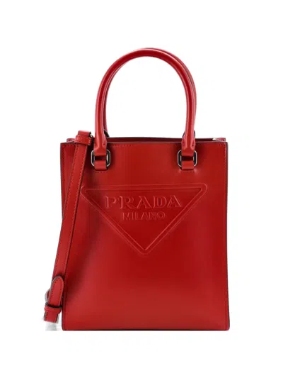 Pre-owned Prada Logo Drill Tote Leather Mini Crossbody Bag In Red