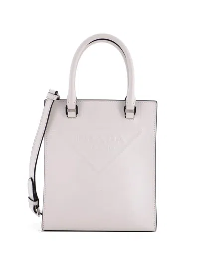 Pre-owned Prada Logo Drill Tote Leather Mini Crossbody Bag In White