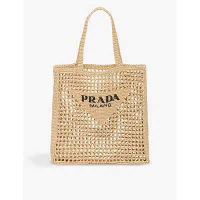 Prada Logo-embroidered Crochet Tote Bag In Neutral