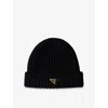 Prada Womens Black Logo-embellished Knitted Wool Beanie