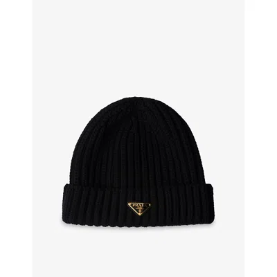 Prada Womens Black Logo-embellished Knitted Wool Beanie