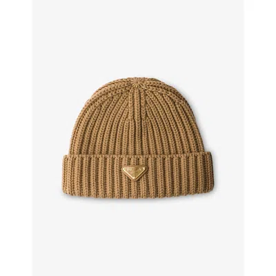 Prada Womens Brown Logo-embellished Knitted Wool Beanie