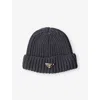Prada Womens Grey Logo-embellished Knitted Wool Beanie In Gray
