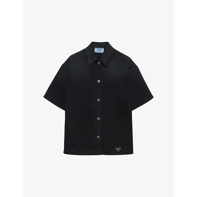 PRADA WOMENS BLACK LOGO-EMBELLISHED LOOSE-FIT DENIM SHIRT