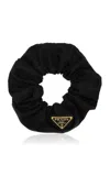 Prada Gathered Black Scrunchie With Triangular Logo Patch In Black
