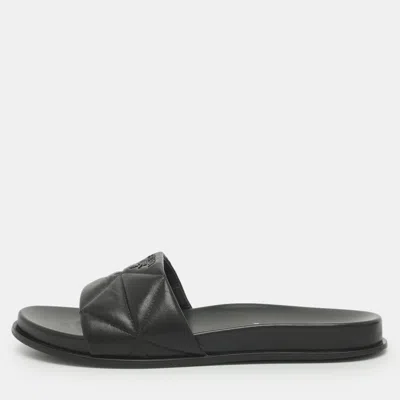 Pre-owned Prada Logo Embellished Size 39 Black Quilted Leather Flats