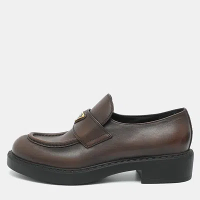 Pre-owned Prada Logo Embellished Size 40.5 Brown Leather Loafers