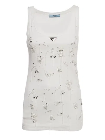 Pre-owned Prada Logo Embellished Tank Top In White
