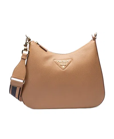 Prada Logo-embossed Leather Shoulder Bag In Black