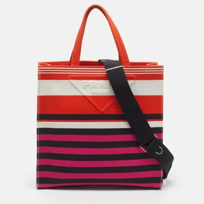 Pre-owned Prada Logo Embossed Stripe Multicolor Canvas Tote