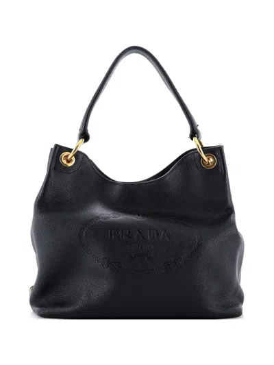 Pre-owned Prada Logo Embossed Vitello Daino Medium Hobo Bag In Black