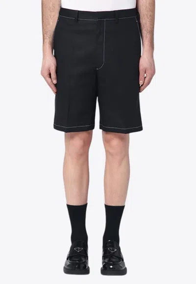 Prada Logo Embroidered Bermuda Shorts In Black