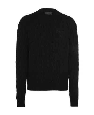 Prada Logo-embroidered Cable-knit Jumper In Black