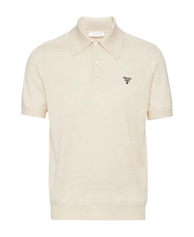 Prada Logo-embroidered Cashmere Polo Shirt In Ivory
