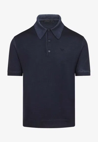 Prada Logo Embroidered Cashmere Polo T-shirt In Navy