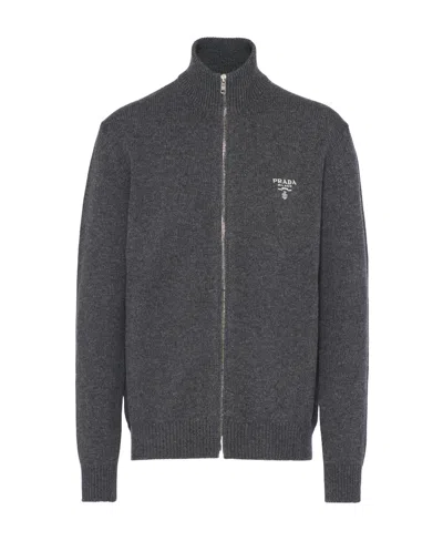 PRADA PRADA LOGO EMBROIDERED FULL-ZIPPED KNIT CARDIGAN