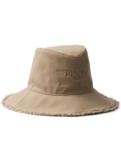 Prada Wide-brim Drill Bucket Hat In Neutrals