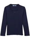 Prada Logo-embroidered Cotton Knitted Top In Blue