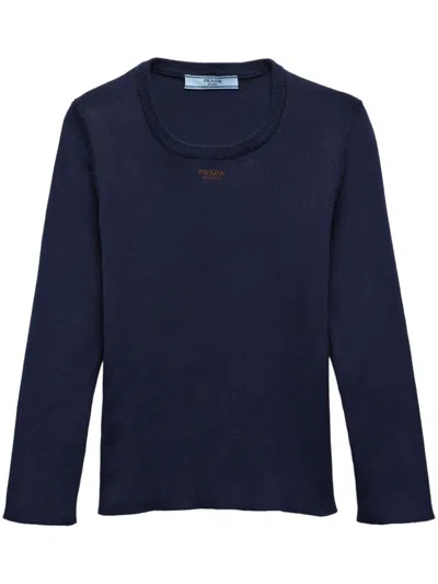 Prada Logo-embroidered Cotton Knitted Top In Blue