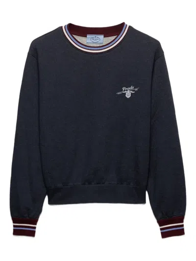 Prada Logo-embroidered Cotton Sweatshirt In Blue